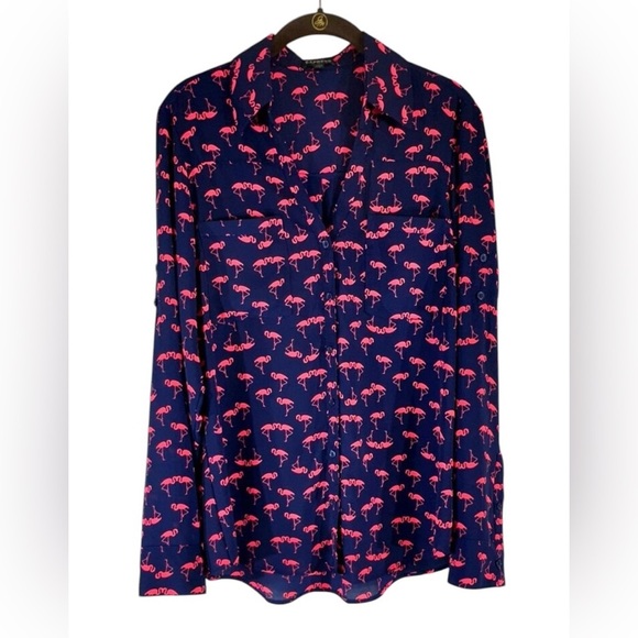 EXPRESS THE PORTOFINO SHIRT Navy Shirt with Pink Flamingo Print SIZE SMALL - Picture 1 of 6